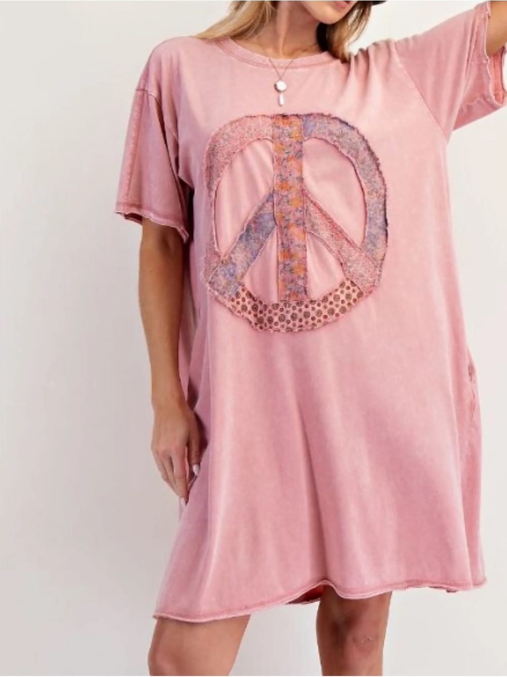 Easel Pink Patchwork Peace Sign T-Shirt Dress Size M